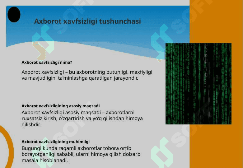 Axborot xavfsizligi va axborotlarni himoyalash usullari. Axborotlarning himoyalashning texnik va dasturiy vositalari. Axborotlarni himoyalash usullari. 3