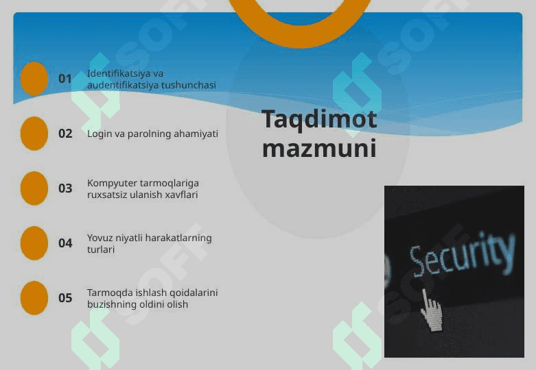 Identifikatsiya va audentifikatsiya masalalari. Login va parol tushunchasi. Kompyuter tarmoqlariga ruxsatsiz ulanish. Yovuz niyatli harakatlar va tarmoqda ishlash qoidalarini buzish. 2