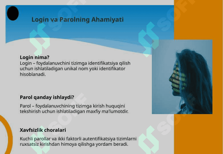 Identifikatsiya va audentifikatsiya masalalari. Login va parol tushunchasi. Kompyuter tarmoqlariga ruxsatsiz ulanish. Yovuz niyatli harakatlar va tarmoqda ishlash qoidalarini buzish. 4
