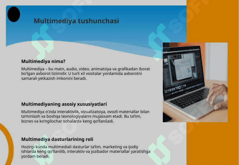 Multimediya va uning zamonaviy ta’minoti. Power Point dasturining asosiy elementlari. Animatsion effektlar. Taqdim etishni boshqarish. Multimediali taqdimotlar yaratish. 4