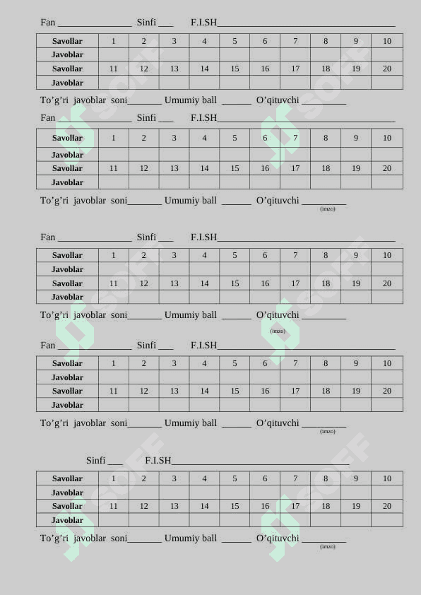 Maktab uchun variant 30 ta va 20 talik test blankasi 1
