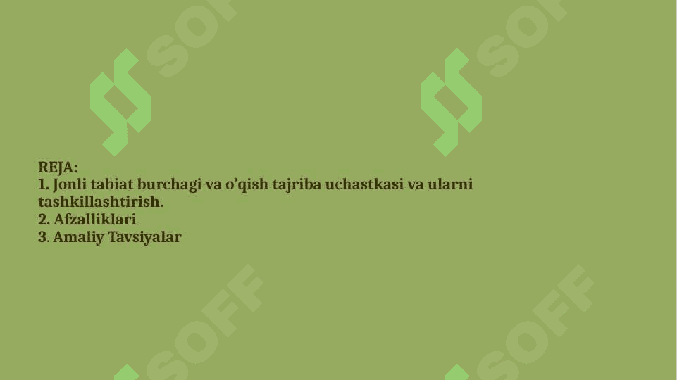 Jonli tabiat burvhagi, o'qish tarjiba uchastkasi va ularni tashkillashtirish.Jonli tabiat burchagini tashkil etishning afzalliklari va amaliy tavsiyalar.Testlari bilan 2