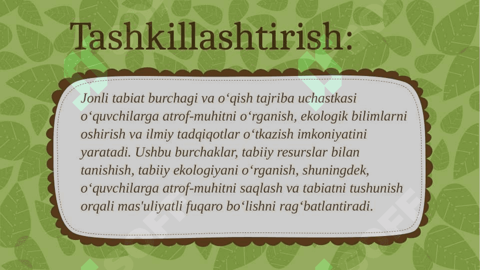 Jonli tabiat burvhagi, o'qish tarjiba uchastkasi va ularni tashkillashtirish.Jonli tabiat burchagini tashkil etishning afzalliklari va amaliy tavsiyalar.Testlari bilan 3
