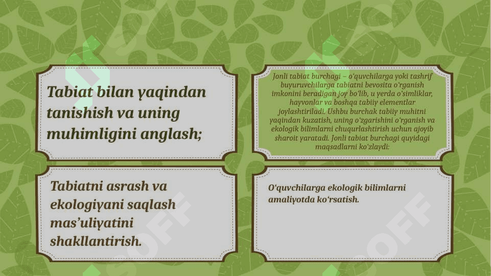 Jonli tabiat burvhagi, o'qish tarjiba uchastkasi va ularni tashkillashtirish.Jonli tabiat burchagini tashkil etishning afzalliklari va amaliy tavsiyalar.Testlari bilan 4