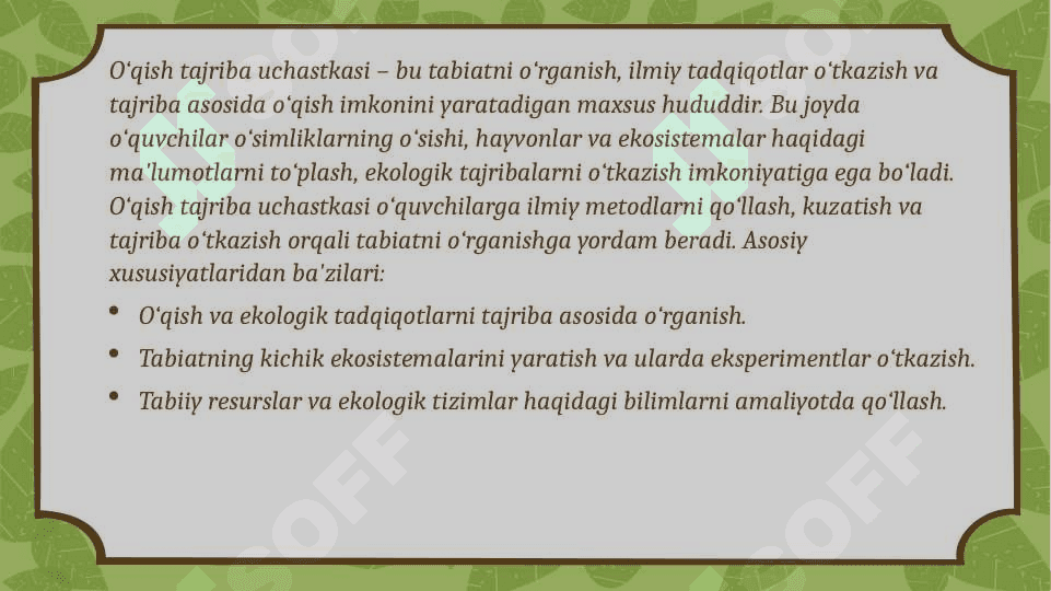 Jonli tabiat burvhagi, o'qish tarjiba uchastkasi va ularni tashkillashtirish.Jonli tabiat burchagini tashkil etishning afzalliklari va amaliy tavsiyalar.Testlari bilan 5