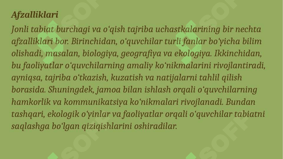 Jonli tabiat burvhagi, o'qish tarjiba uchastkasi va ularni tashkillashtirish.Jonli tabiat burchagini tashkil etishning afzalliklari va amaliy tavsiyalar.Testlari bilan 6