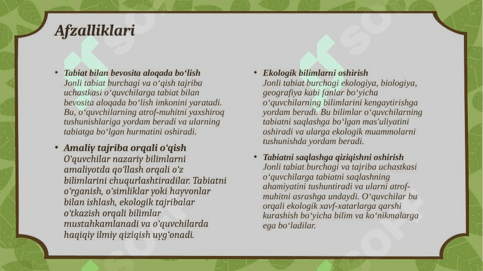 Jonli tabiat burvhagi, o'qish tarjiba uchastkasi va ularni tashkillashtirish.Jonli tabiat burchagini tashkil etishning afzalliklari va amaliy tavsiyalar.Testlari bilan 7