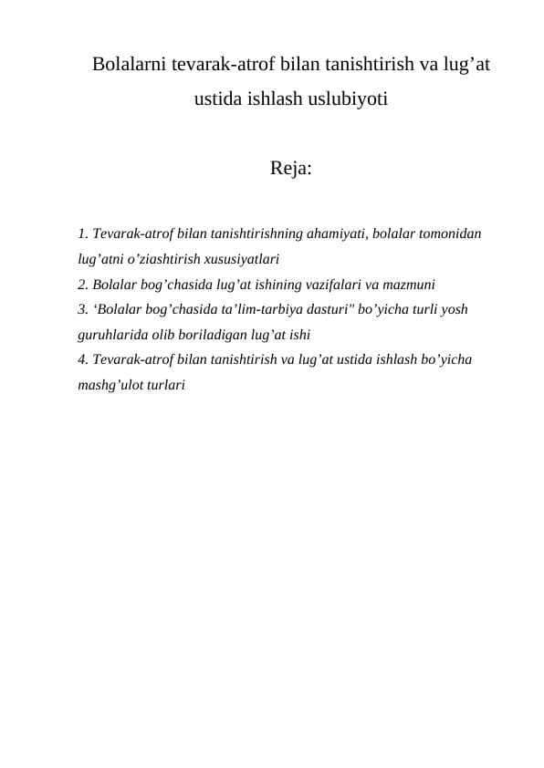 Bolalarni tevarak-atrof bilan tanishtirish va lug’at ustida ishlash uslubiyoti 1