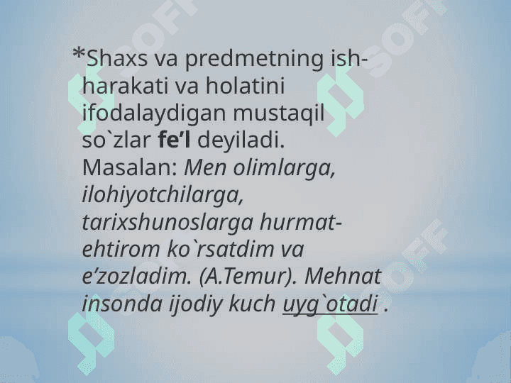 Mavzu: Fe’l so’z turkumi sifatida. O’timli va o’timsiz fe’llar. Bo’lishli va bo’lishsiz fe’llar. Fe’llarda nisbat kategoriyasi. 3