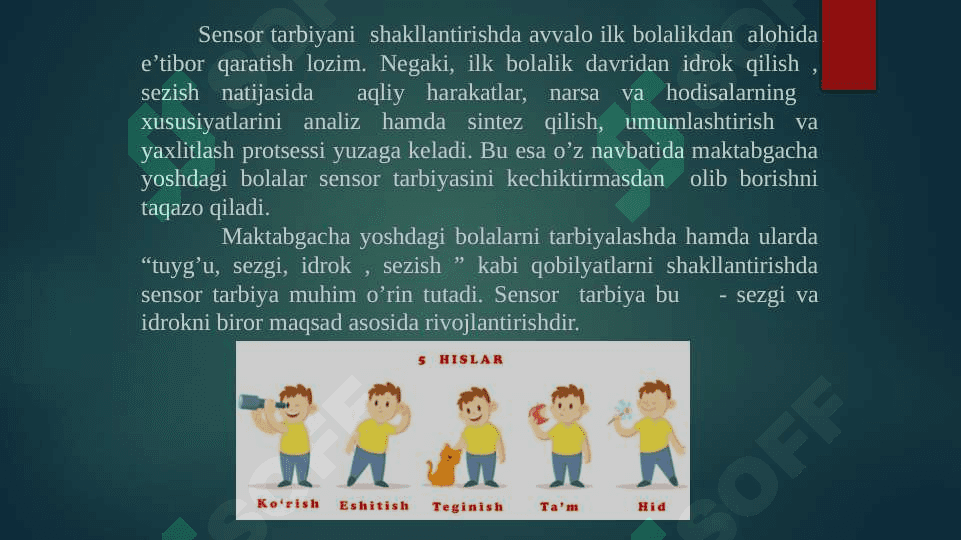 Sensor tarbiya tushunchasi.Sensor tarbiyaning mazmuni, maqsad va vazifalari.Sensor tarbiya usullari. Mariya Montessorining sensor tarbiyani rivojlantirish metodikasi. Ahloq tushunchasi.Ahloq normalari.Ahloqiy tushunchalar:ahloqiy ong,ahloqiy qadriyatlar,ahloqiy his-tuyg’ular. Jismoniy tarbiya tushunchasi.Jismoniy tarbiyaning asosiy tushunchalari:”jismoniytarbiya”,”jismoniy barkamollik”, “badantarbiya”,”jismoniy rivojlanish”. Aqliy tarbiya haqida tushunchasi.Aql kategoriyalari. 4