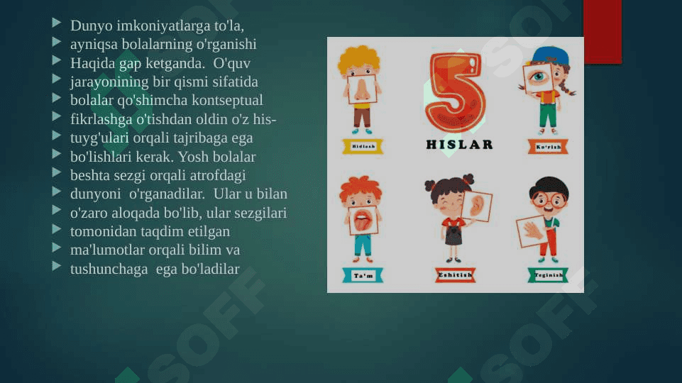 Sensor tarbiya tushunchasi.Sensor tarbiyaning mazmuni, maqsad va vazifalari.Sensor tarbiya usullari. Mariya Montessorining sensor tarbiyani rivojlantirish metodikasi. Ahloq tushunchasi.Ahloq normalari.Ahloqiy tushunchalar:ahloqiy ong,ahloqiy qadriyatlar,ahloqiy his-tuyg’ular. Jismoniy tarbiya tushunchasi.Jismoniy tarbiyaning asosiy tushunchalari:”jismoniytarbiya”,”jismoniy barkamollik”, “badantarbiya”,”jismoniy rivojlanish”. Aqliy tarbiya haqida tushunchasi.Aql kategoriyalari. 5