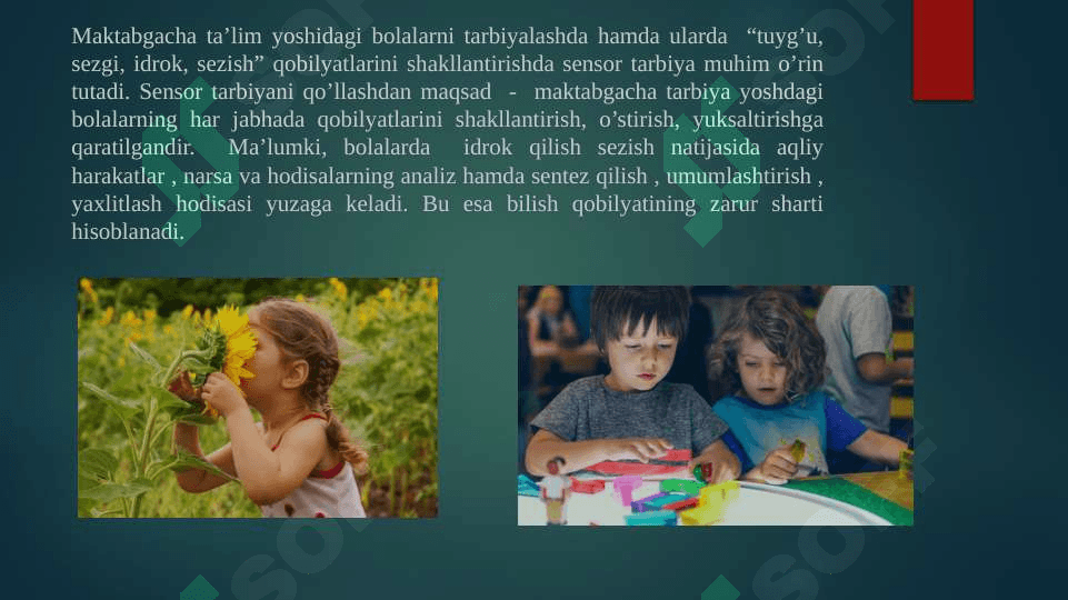 Sensor tarbiya tushunchasi.Sensor tarbiyaning mazmuni, maqsad va vazifalari.Sensor tarbiya usullari. Mariya Montessorining sensor tarbiyani rivojlantirish metodikasi. Ahloq tushunchasi.Ahloq normalari.Ahloqiy tushunchalar:ahloqiy ong,ahloqiy qadriyatlar,ahloqiy his-tuyg’ular. Jismoniy tarbiya tushunchasi.Jismoniy tarbiyaning asosiy tushunchalari:”jismoniytarbiya”,”jismoniy barkamollik”, “badantarbiya”,”jismoniy rivojlanish”. Aqliy tarbiya haqida tushunchasi.Aql kategoriyalari. 7