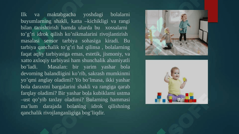 Sensor tarbiya tushunchasi.Sensor tarbiyaning mazmuni, maqsad va vazifalari.Sensor tarbiya usullari. Mariya Montessorining sensor tarbiyani rivojlantirish metodikasi. Ahloq tushunchasi.Ahloq normalari.Ahloqiy tushunchalar:ahloqiy ong,ahloqiy qadriyatlar,ahloqiy his-tuyg’ular. Jismoniy tarbiya tushunchasi.Jismoniy tarbiyaning asosiy tushunchalari:”jismoniytarbiya”,”jismoniy barkamollik”, “badantarbiya”,”jismoniy rivojlanish”. Aqliy tarbiya haqida tushunchasi.Aql kategoriyalari. 8