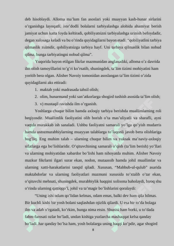 A.Navoiyning maktab, madrasalar va oʻqituvchi ustozlar haqidagi komil insonni shakllantirishga oid qarashlari 8