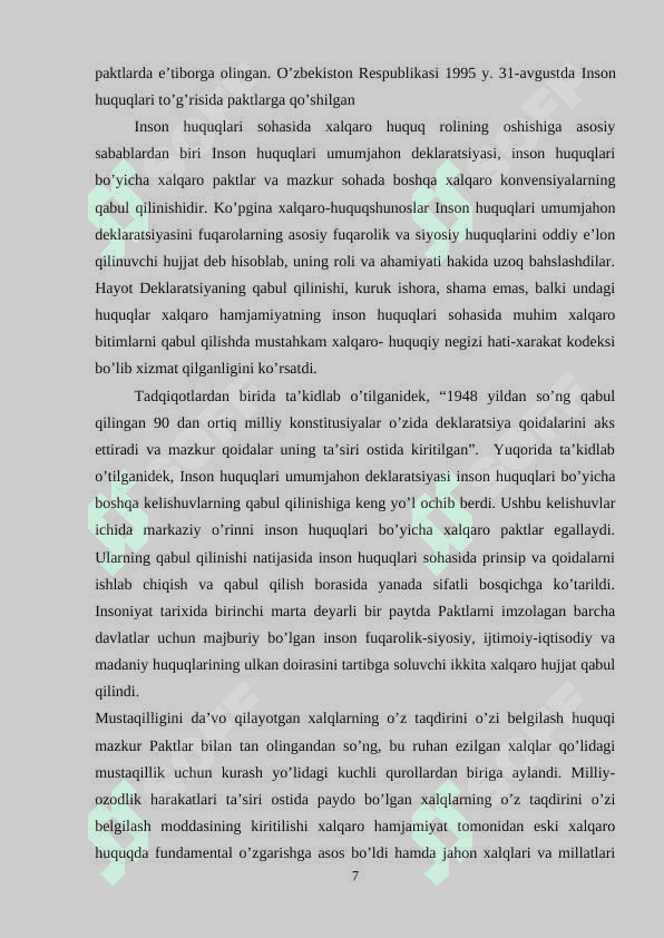 Inson huquqlari bo’yicha xalqaro paktlar, ularning tuzilishi va ahamiyati 7