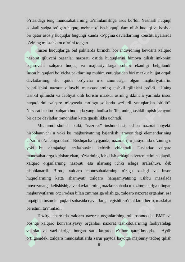 Inson huquqlari bo’yicha xalqaro paktlar, ularning tuzilishi va ahamiyati 8