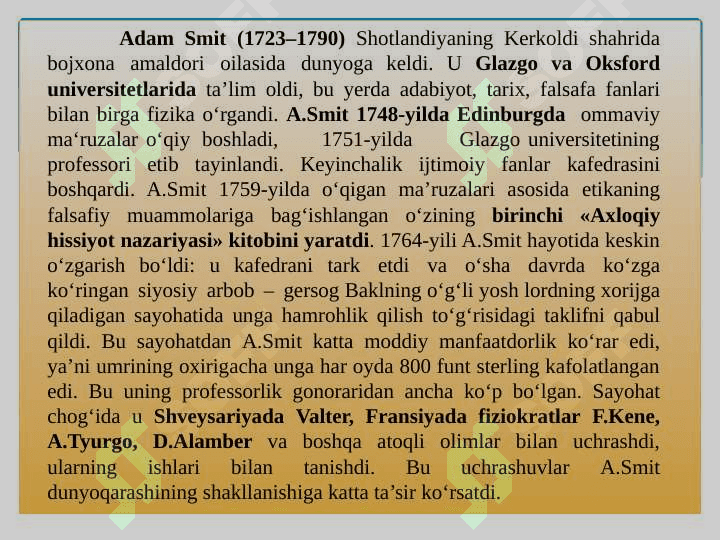 Klassik iqtisodiy maktabning to‘la shakllanishi. Adam Smit va David Rikardo iqtisodiy ta`limotlari Klassik iqtisodiy maktabga muqobil g‘oyalarining mohiyati 4