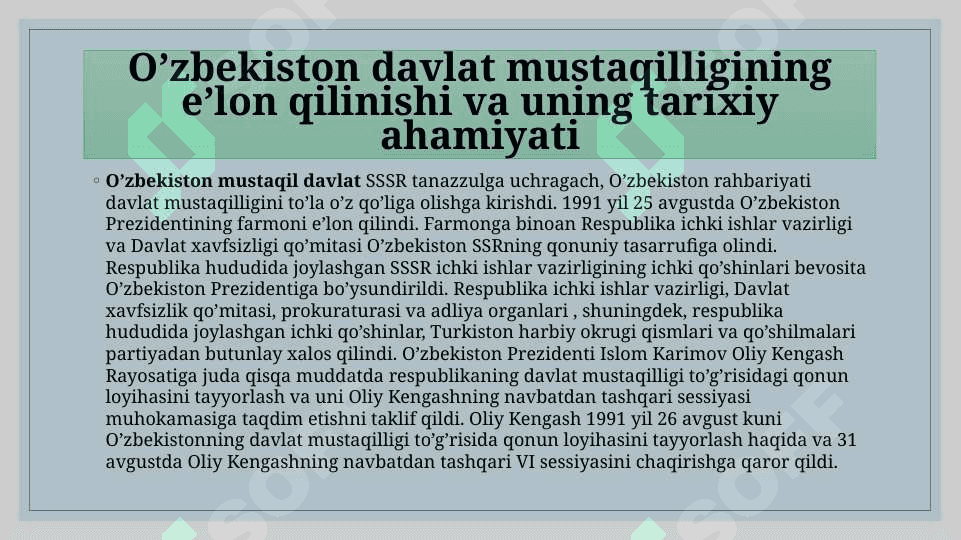 MUSTAQIL O‘ZBEKISTON DAVLATI-O‘ZBEK MILLATINING UZIL-KESIL SHAKLLANISHIDA BOSH OMIL 3
