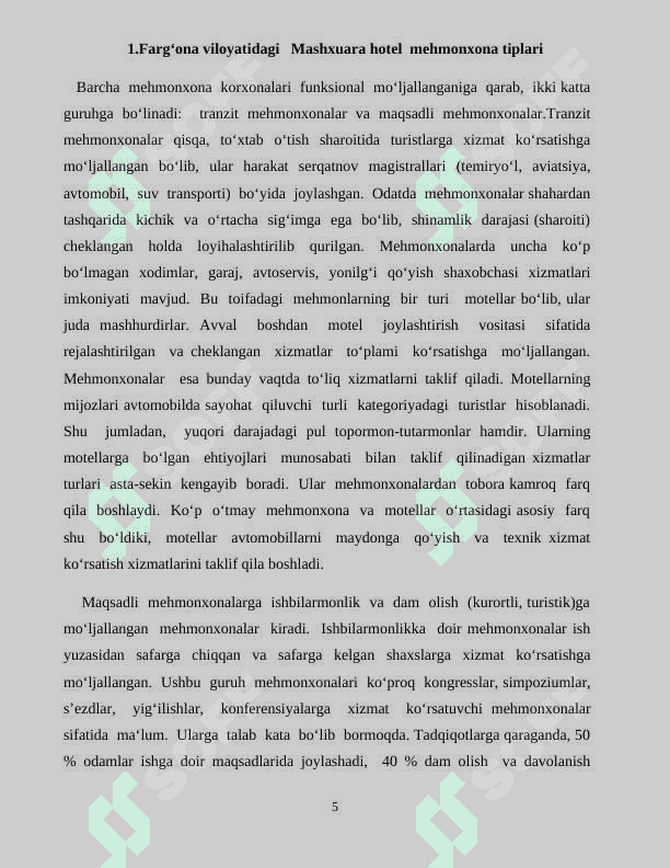 Mashxura  Travel mehmonxonasida ko‘rsatiladigan xizmatlar to‘g‘risida umumiy tushunchalar, ularning ta‘rifi va xususiyatlari 5