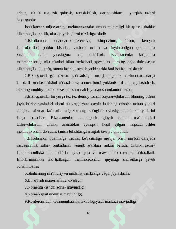 Mashxura  Travel mehmonxonasida ko‘rsatiladigan xizmatlar to‘g‘risida umumiy tushunchalar, ularning ta‘rifi va xususiyatlari 6