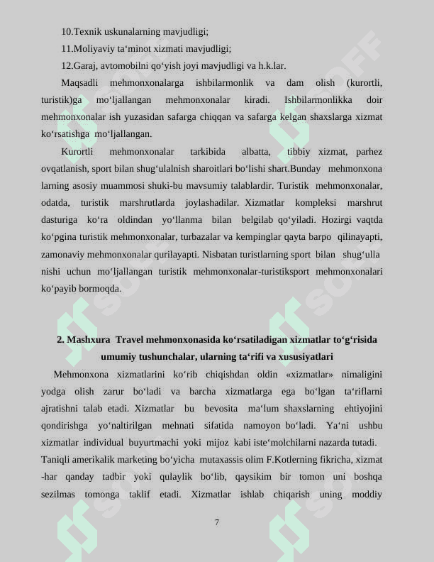 Mashxura  Travel mehmonxonasida ko‘rsatiladigan xizmatlar to‘g‘risida umumiy tushunchalar, ularning ta‘rifi va xususiyatlari 7