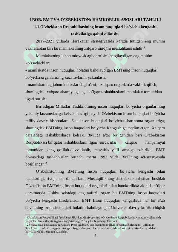 O’zbekiston respublikasining inson huquqlari bo’yicha bmt bilan hamkorligi 6