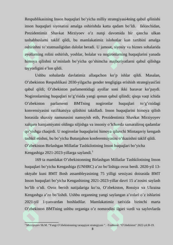 O’zbekiston respublikasining inson huquqlari bo’yicha bmt bilan hamkorligi 8