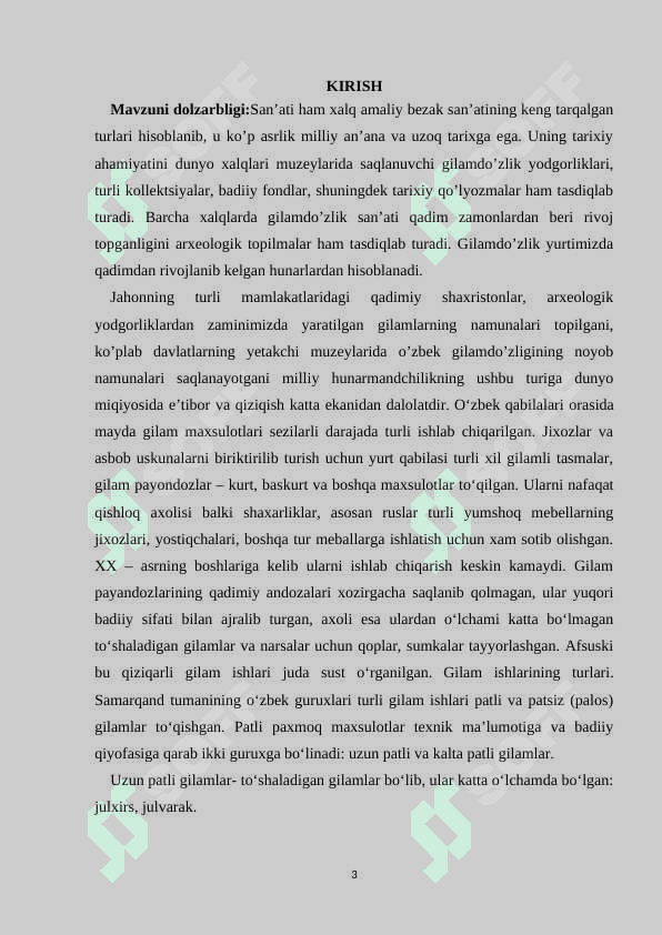 SURXONDARYO VILOYATI GILAM TO'QISH SAN’ATI TARIXI USLUBLARI 3
