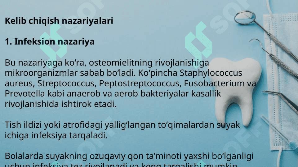 Bolalardagi jagʼ suyaklaridagi oʼtkir odontogen osteomielit. Kelib   chiqish nazariyalari. Yangi tugʼilgan chaqaloqlar va erta bolalik davridagi gematogen osteomielit. 3