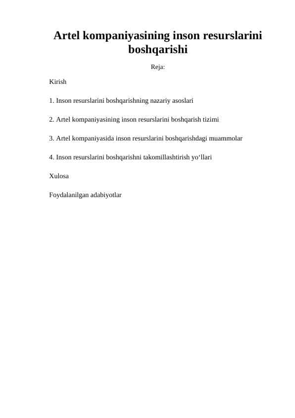 Artel kompaniyasining inson resurslarini boshqarishi 1