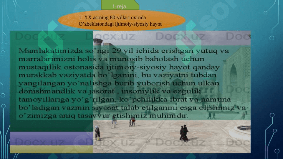 O‘zbekiston Respublikasida Prezidentlik institutining joriy etishi I.A.Karimovning O‘zbekiston Respublikasi Prezidenti etib saylanishi. 3