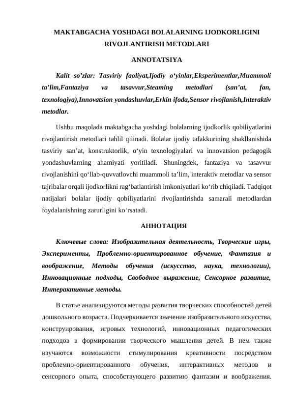 MAKTABGACHA YOSHDAGI BOLALARNING IJODKORLIGINI RIVOJLANTIRISH METODLARI 1