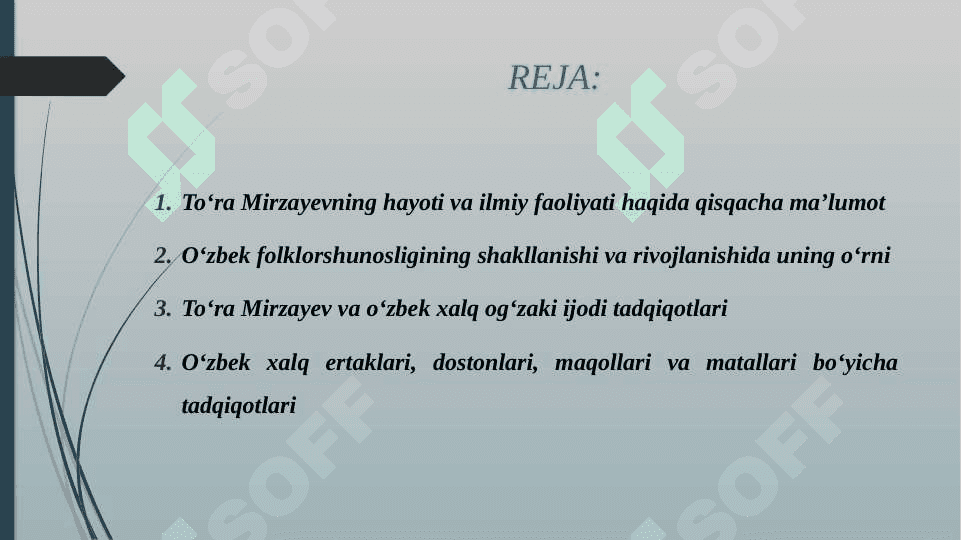 "TOʻRA MIRZAYEVNING OʻZBEK FOLKLORSHUNOSLIGIGA QOʻSHGAN HISSASI" 2