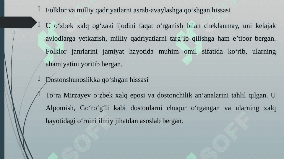 "TOʻRA MIRZAYEVNING OʻZBEK FOLKLORSHUNOSLIGIGA QOʻSHGAN HISSASI" 5