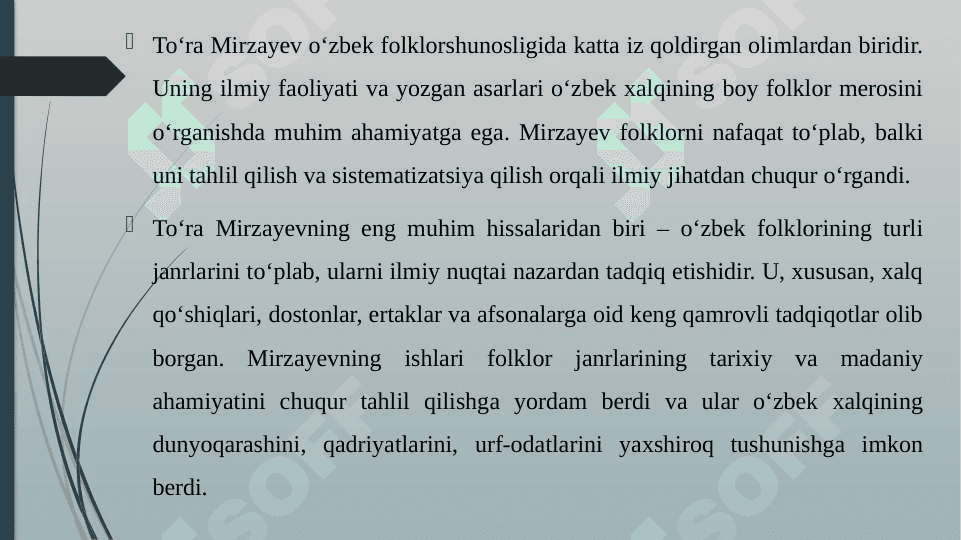 "TOʻRA MIRZAYEVNING OʻZBEK FOLKLORSHUNOSLIGIGA QOʻSHGAN HISSASI" 8