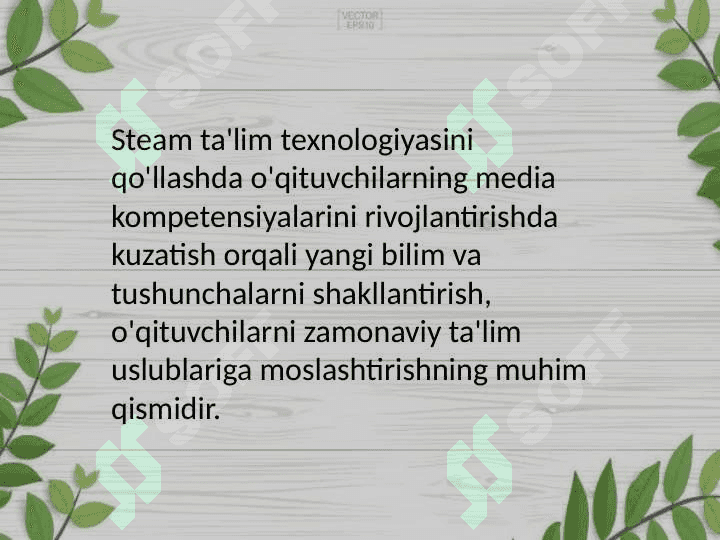 Steam taʼlim texnologiyasini qoʻllashda oʻqituvchilarning media kompetensiyalarini rivojlantirish darslarida kuzatish orqali yangi bilim va tushunchalarni shakllantirish. 2