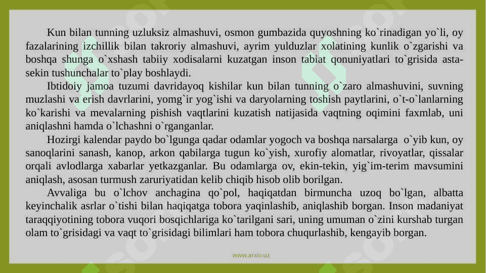Vaqtning о`lchov birliklari.Kalendarning tabiat xodisalari  bilan bog`liqligi. 4