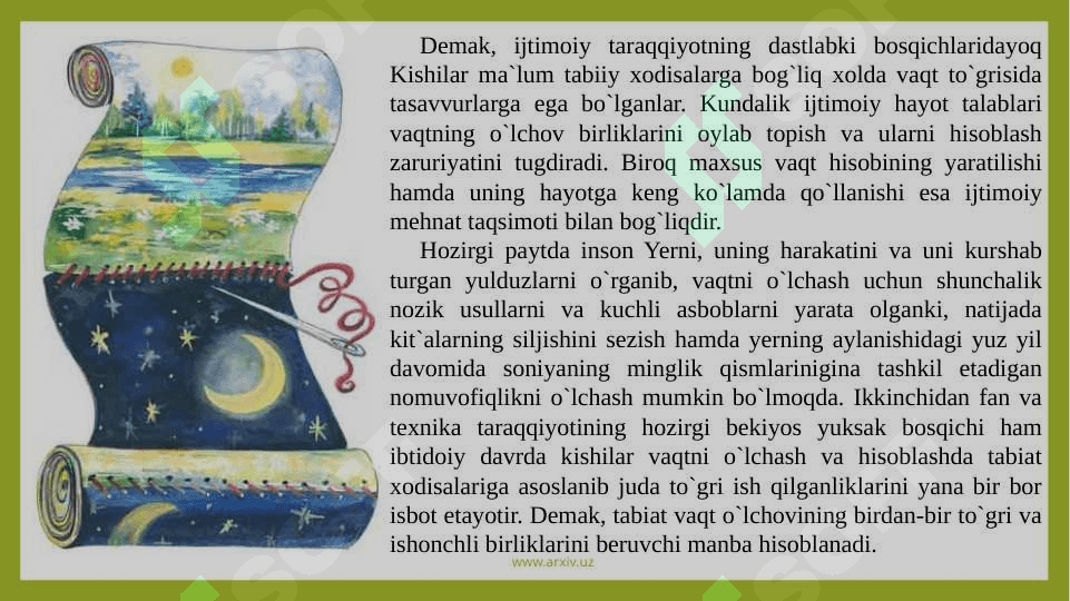 Vaqtning о`lchov birliklari.Kalendarning tabiat xodisalari  bilan bog`liqligi. 5
