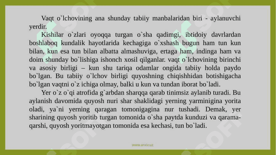 Vaqtning о`lchov birliklari.Kalendarning tabiat xodisalari  bilan bog`liqligi. 6