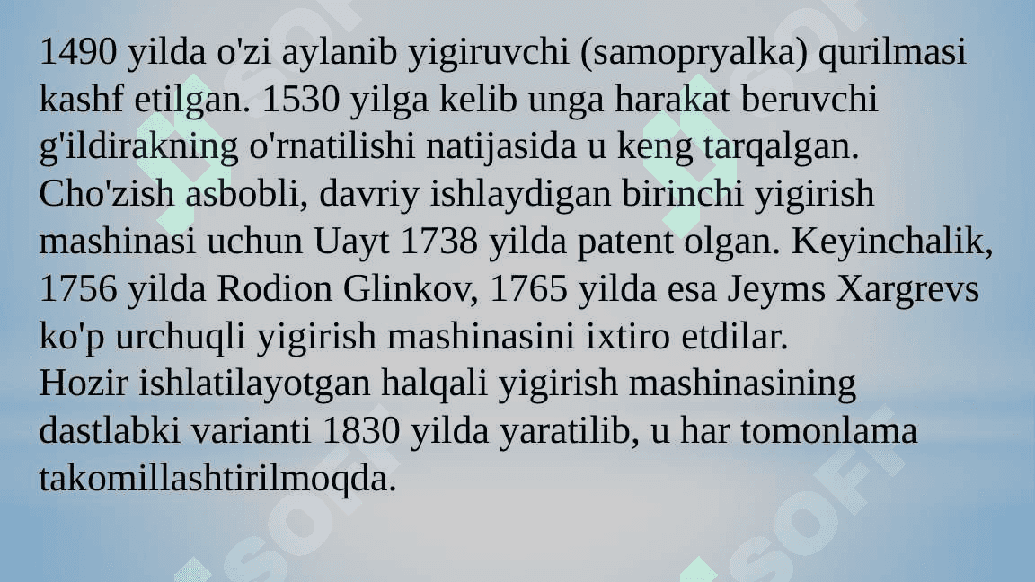 Yigirish moslamalari taraqqiyotining bosqichlari 8