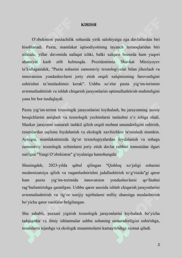 tolaning texnalogik hossalari mavzusida mustaqil ish 2