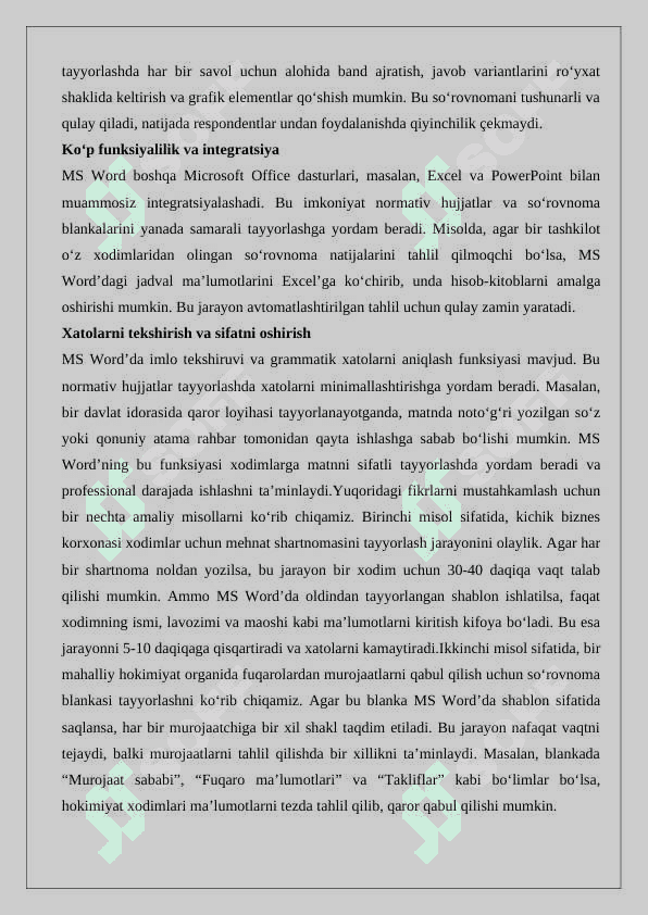 Ms Word dasturida sohaga oid normativ xujjatlarni tayyorlash.Shablonlar asosida soʼrovnoma blankalarini tayyorlash. 4