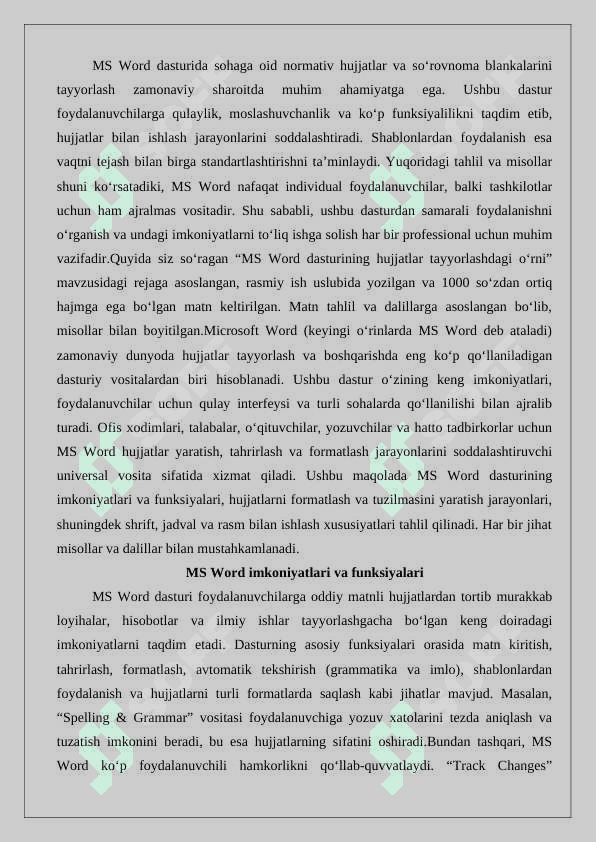 Ms Word dasturida sohaga oid normativ xujjatlarni tayyorlash.Shablonlar asosida soʼrovnoma blankalarini tayyorlash. 5