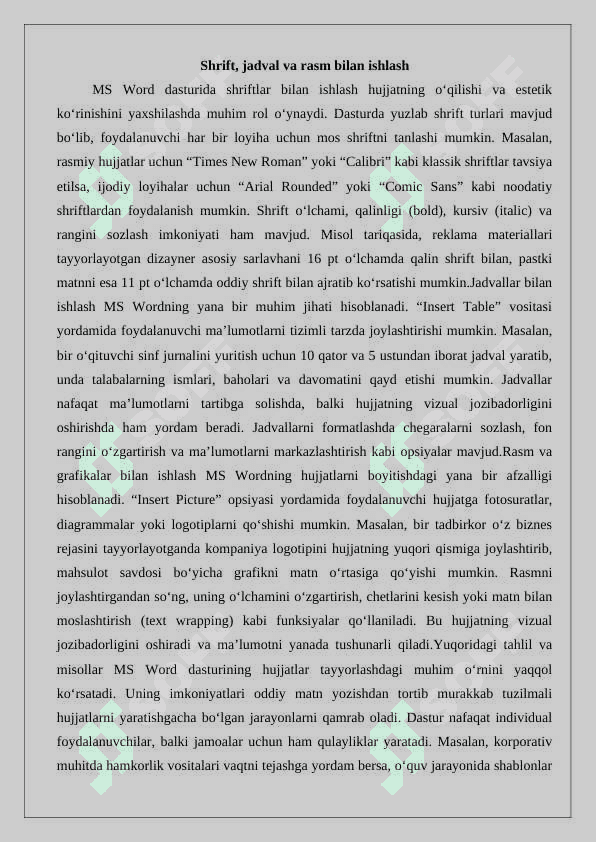 Ms Word dasturida sohaga oid normativ xujjatlarni tayyorlash.Shablonlar asosida soʼrovnoma blankalarini tayyorlash. 7