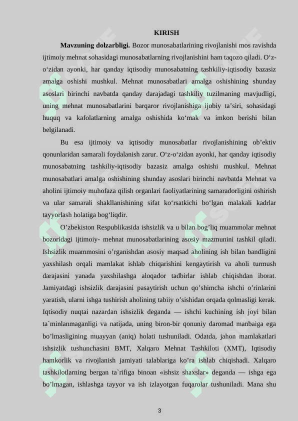 O'ZBEKISTON RESPUBLIKASIDA MEHNAT BOZORINING SHAKLLANISHI VA ISHSIZLIKNI O'ZIGA XOS XUSUSIYATLARI kurs ishi docx 3