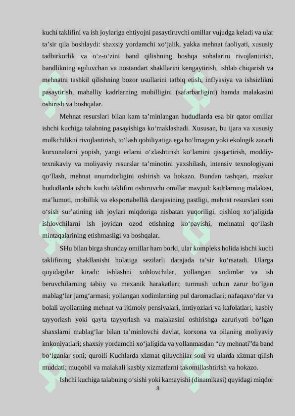 O'ZBEKISTON RESPUBLIKASIDA MEHNAT BOZORINING SHAKLLANISHI VA ISHSIZLIKNI O'ZIGA XOS XUSUSIYATLARI kurs ishi docx 8