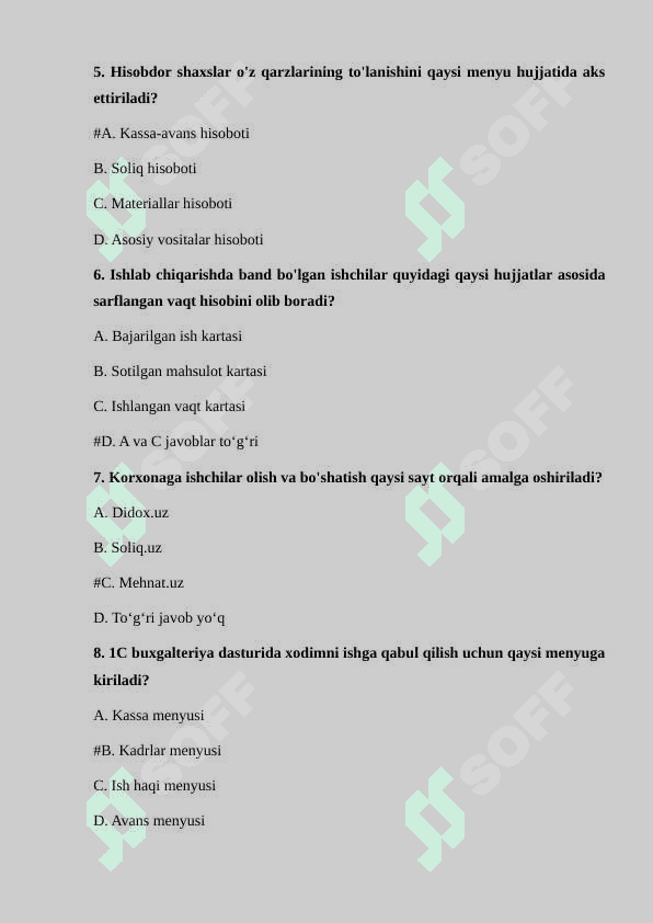 Mehnatga haq to‘lash va ish haqi bo‘yicha hisob-kitoblar hisobini avtomatlashtirish mavzusi bo‘yicha testlar 2