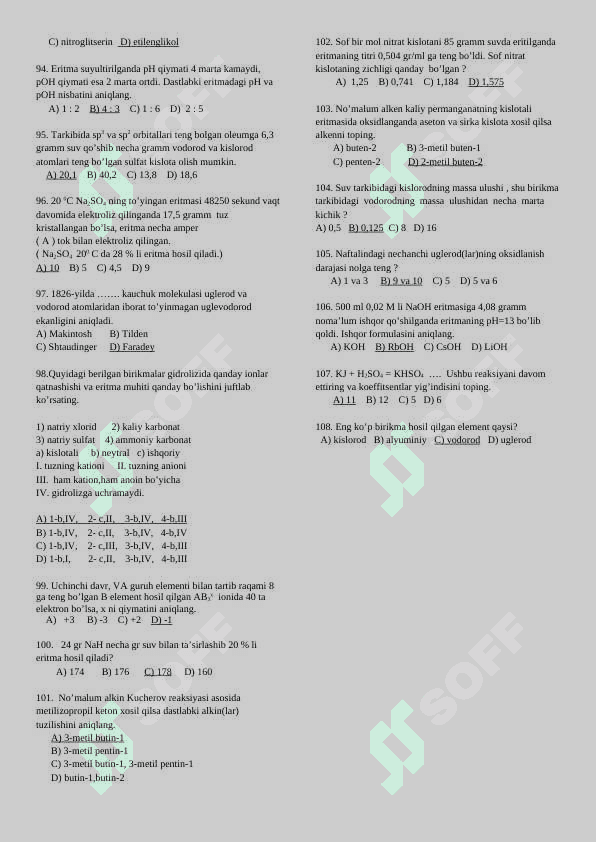 Kimyodan 108 talik test javobi bilan 2