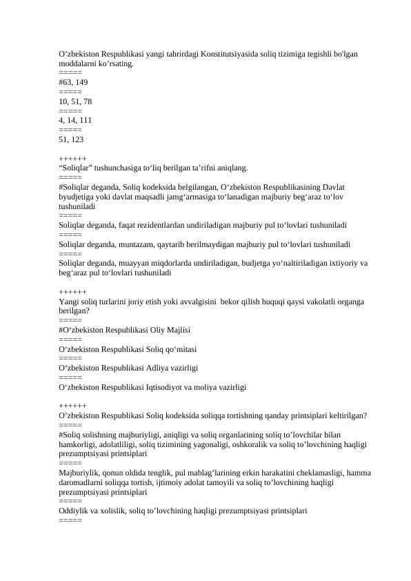 "Soliqlar va soliqqa tortish" fanidan test 2025 javobi bilan