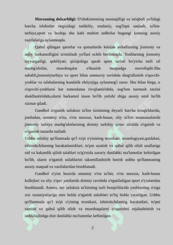 GANDBOLCHILARNI TAYYORLASHDA TEXNIK TAYYORGARLIKNI O’RNI 2